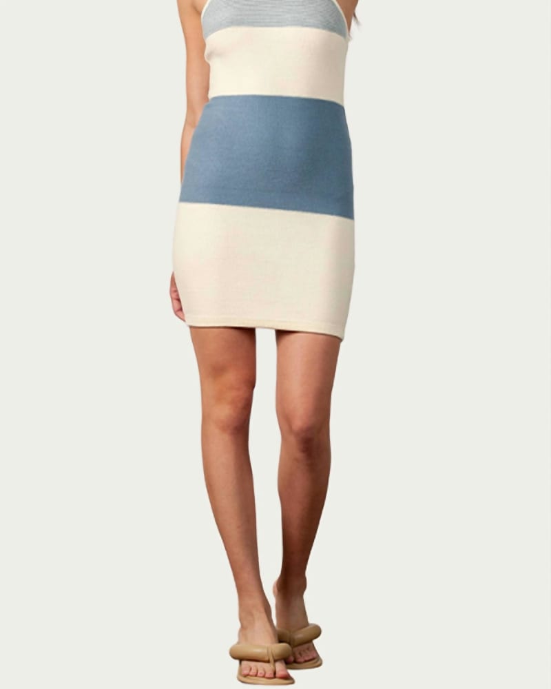 Front of a model wearing a size L Candytuft Knitted Halterneck Mini Dress in Ivory/Blue in Ivory/Blue by LUCCA. | dia_product_style_image_id:338122